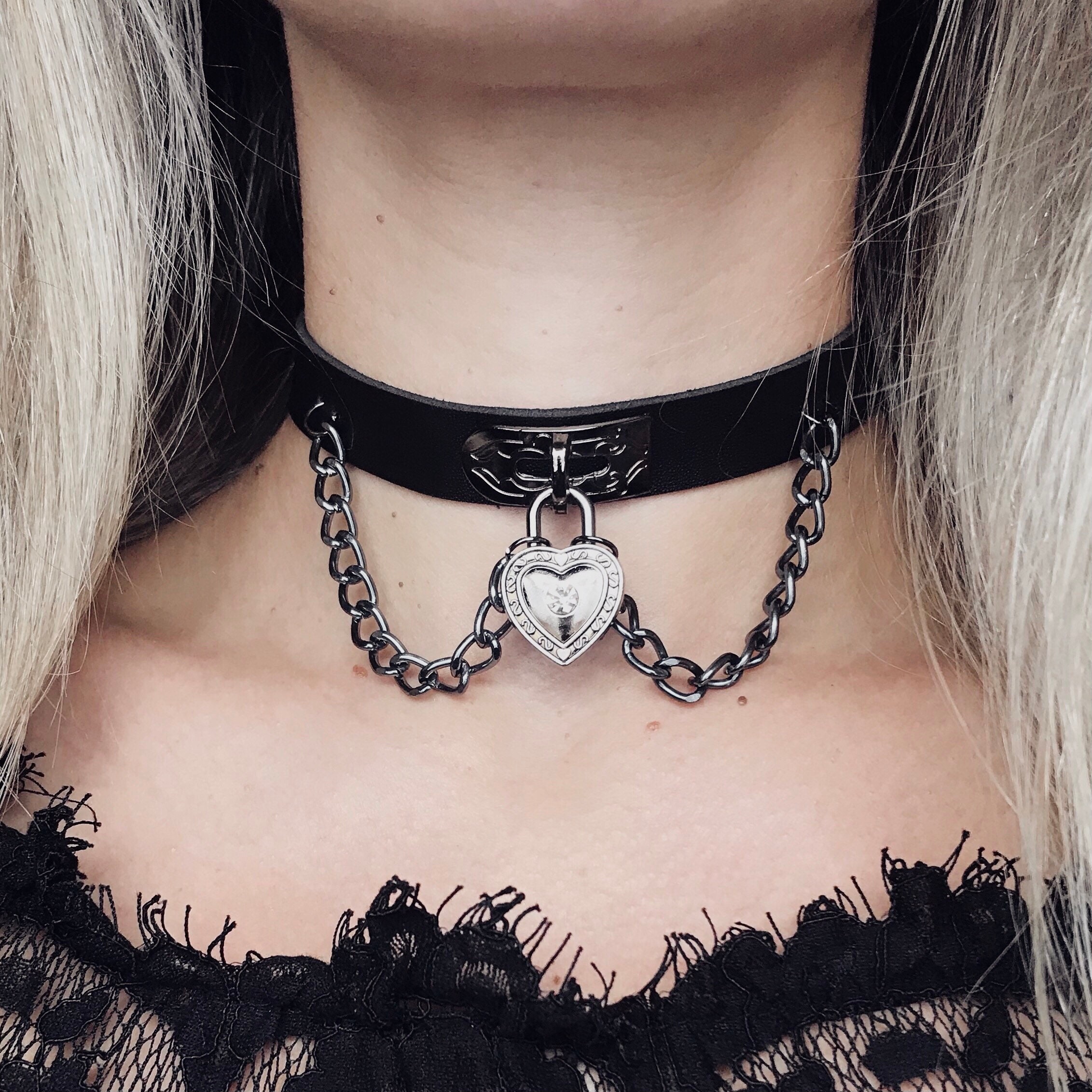 Black Heart Lock Choker Lock and Chain Choker Black Chain Choker