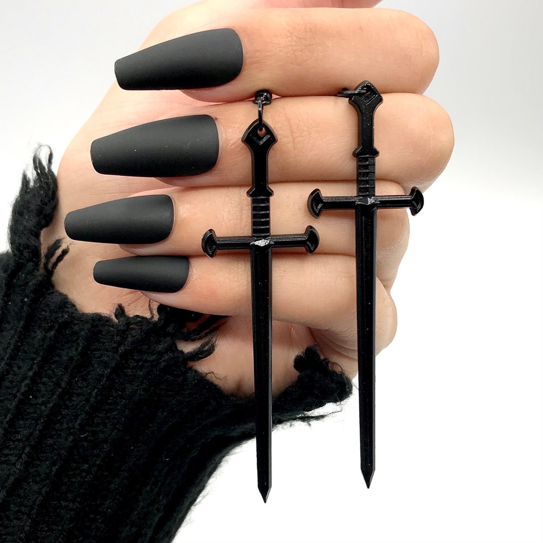 Black sword earrings - gothic earrings - sword drop earrings- sword jewelry- medieval style- alternative aesthetic- egirl jewelry- goth