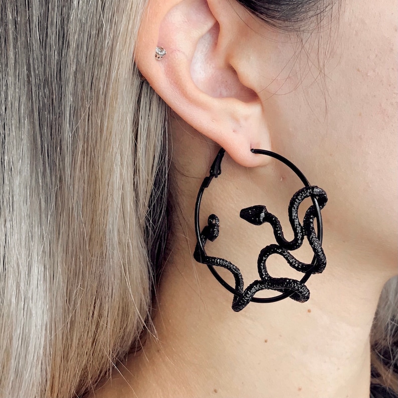 Black Snake Hoop Earrings Snake Earrings Serpent Hoops Etsy