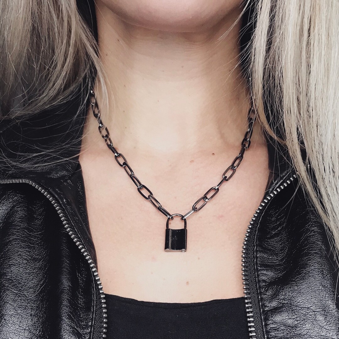 Grunge Link Chain Lock Pendant Necklace for Women Men Silver Color  Stainless Steel Jewelry on the Neck Punk Accessories Gifts