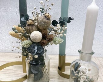 Small dried flower items • Dried flower bouquet • Dried flower arrangements • Dried flower candle holders • Table decoration