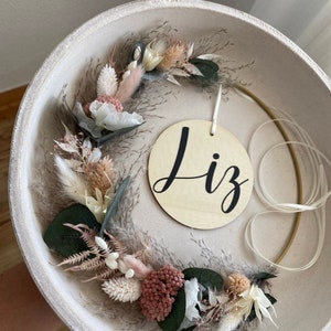 Flower Hoop Pink, White, Natural with Eucalyptus Personalized Dried Flower Wreath Door Wreath Door Sign Window Wreath image 5