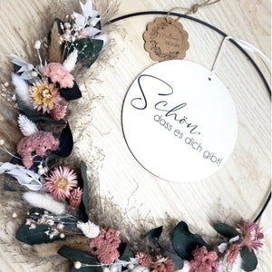 Flower Hoop Rosa, Weiß, Natur mit Eukalyptus personalisierter Trockenblumenkranz Türkranz Türschild Fensterkranz Bild 7