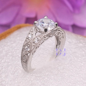 1930s Vintage 2.35 Ct Moissanite Round Cut Diamond Antique Engagement Promise Ring For LOVE, Edwardian Filigree Wedding Ring, Gift For Her