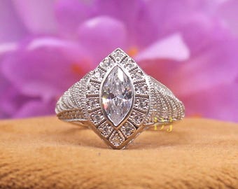 Art Deco Marquise Moissanite Engagement Ring | Halo Bezel, Sterling Silver