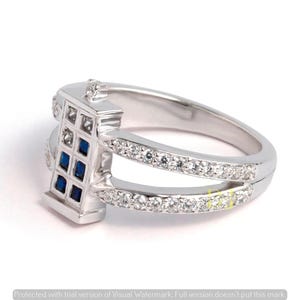 Doctor Who TARDIS Engagement Ring | Moissanite & Blue Sapphire Princess Diamond | Sterling Silver Vintage Inspired Jewelry | Police Box Ring
