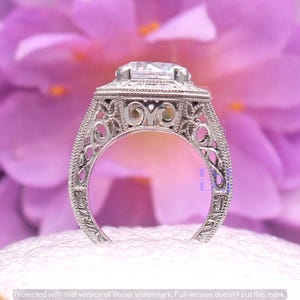 Vintage Art Deco 4.25 Ct Round Cut Moissanite Engagement Ring | Sterling Silver Halo Solitaire | Edwardian Antique Style Promise Ring