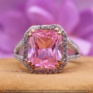 Pink Sapphire Halo Engagement Ring, 7Ct Radiant Cut Simulated Diamond Split Shank Edwardian Style Birthstone Ring, Anniversary Gifts For Her