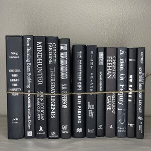 May include: A collection of black books with white lettering, tied together with twine. Titles include "Mindhunter," "The Neighborhood," and "A Bait of Perjury." The books are arranged on a neutral surface.