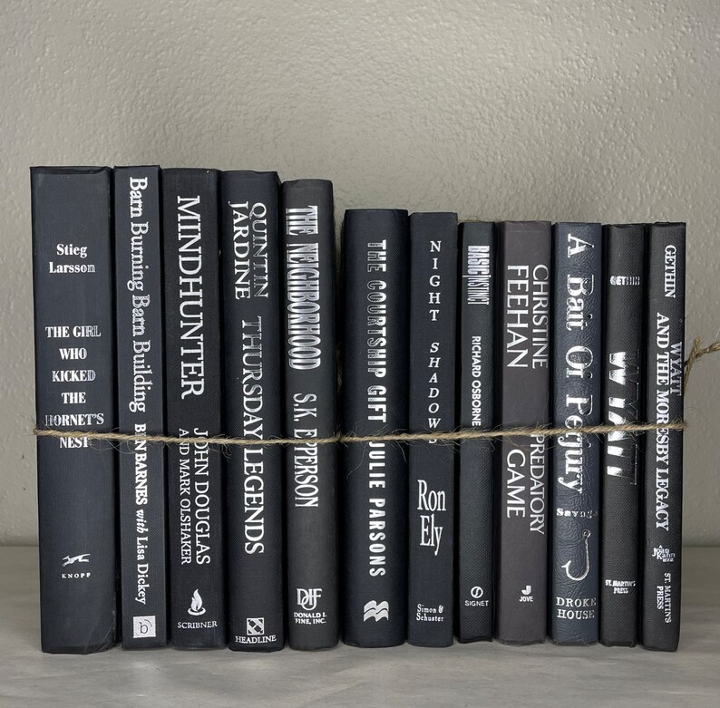 May include: A collection of black books with white lettering, tied together with twine. Titles include "Mindhunter," "The Neighborhood," and "A Bait of Perjury." The books are arranged on a neutral surface.