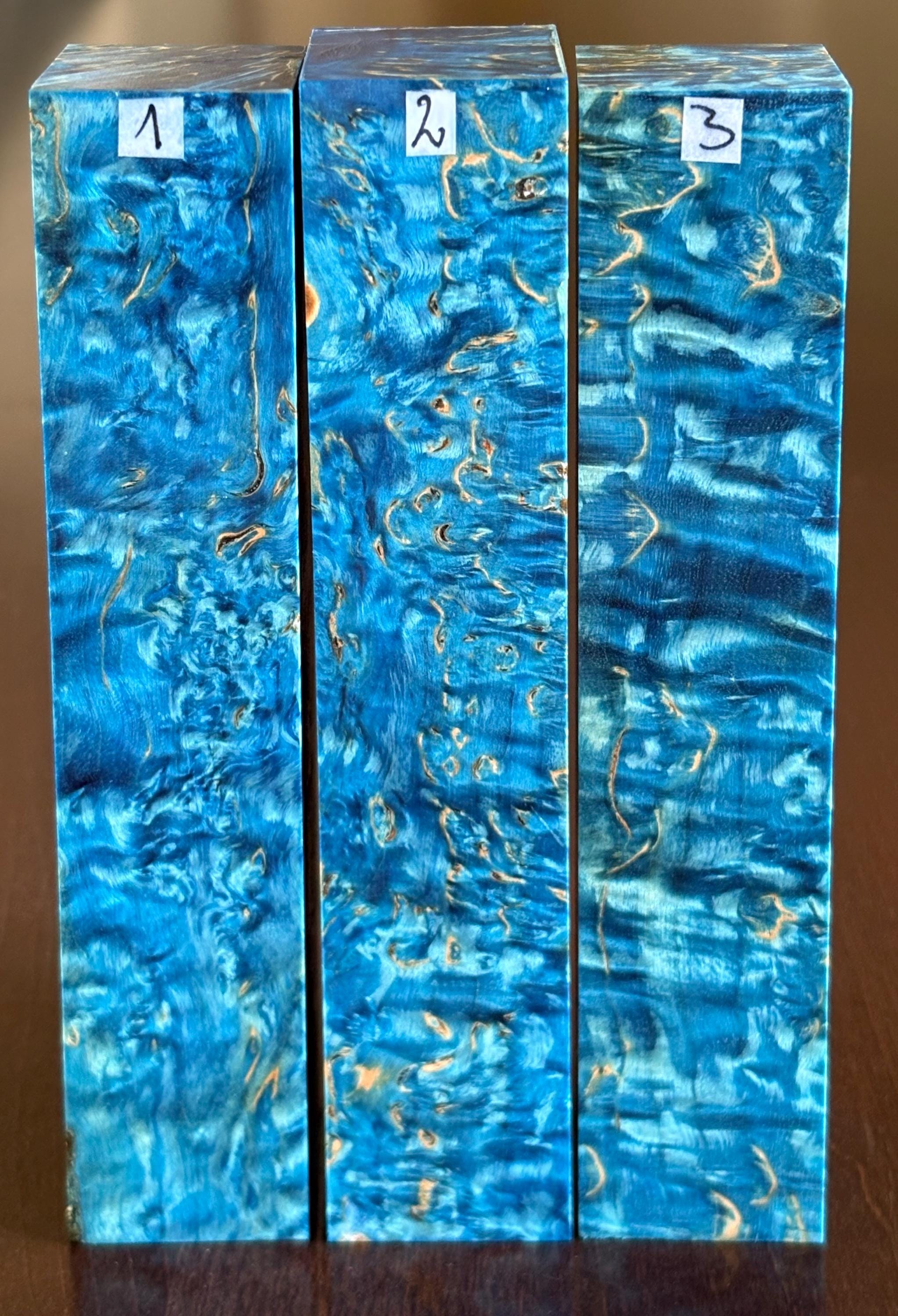 Stabilized and dyed Karelian birch wood. Perfect for making a hidden tang knife handle or  making DIY pens