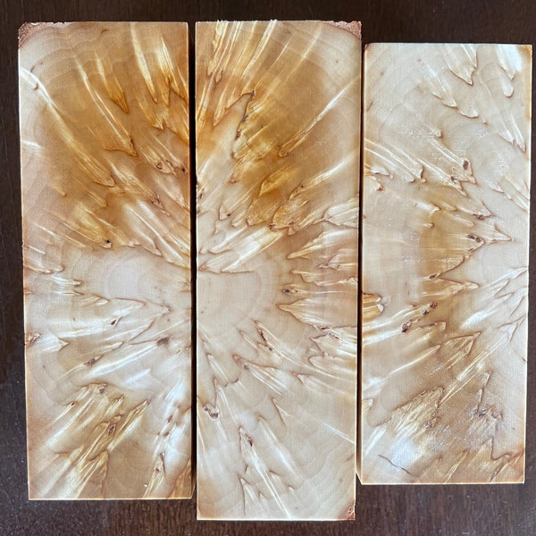 Karelian masur birch cross cut blocks.   Set of three planks. Exotic figured wood for knife making or for any DIY woodworking project!