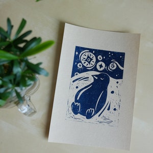 Penguin Handmade Lino Print - A5 Art print, Penguin gift, Night sky print, Snow Illustration