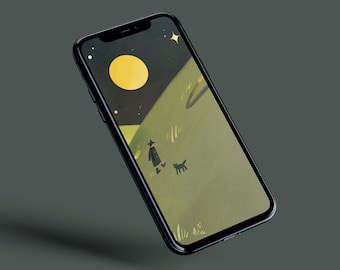 Night Moon Cat Wallpaper | iPhone Background | Illustrated Wallpaper | Digital Wallpaper | Instant Digital Download | Phone Background