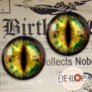 May include: Two round, green, yellow, and black, glass eyes with a vertical black pupil. The eyes are set against a vintage, brown, paper background.