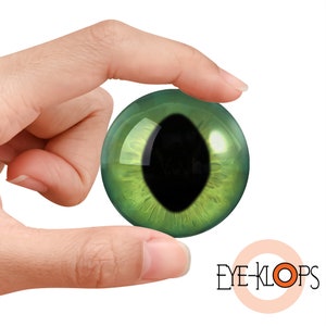 May include: Green glass eye with a black pupil, held between two fingers. The eye is a craft supply for doll making or other projects.