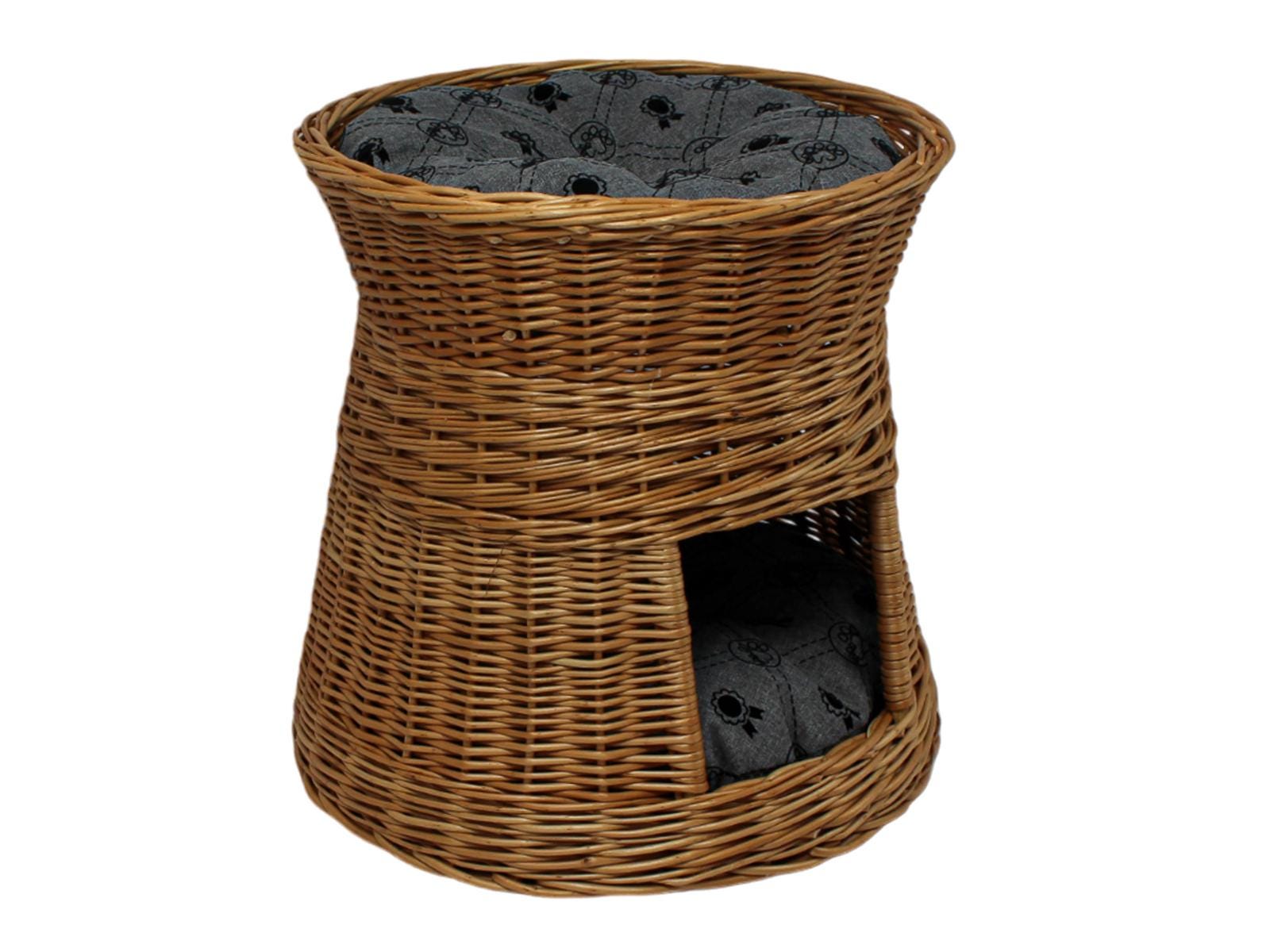 ウィッカーキャットケーブベッド：クッション付き2階建て屋内用