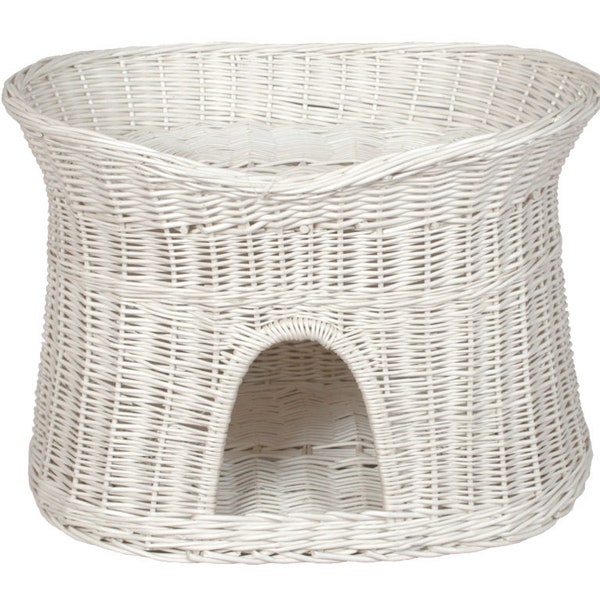 Wicker bed for cat or dog - Two-tier bed with berth and cave made of natural wicker - Bleached