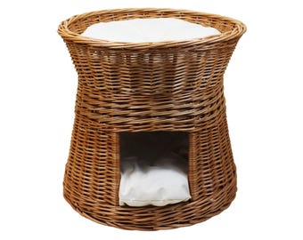Wicker Cat Cave Bed: Two-Story Indoor Cat House with Cushions