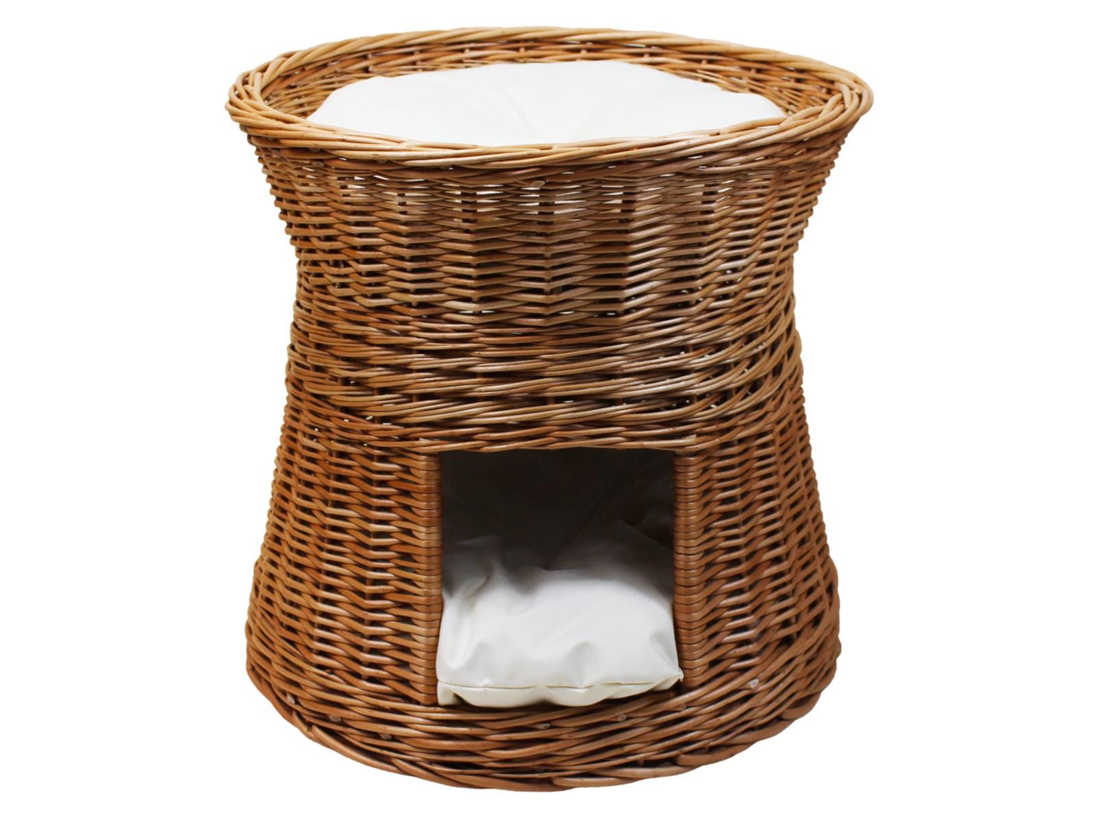 ウィッカーキャットケーブベッド：クッション付き2階建て屋内用