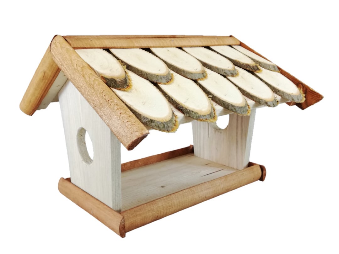 Mangeoire à Oiseaux En Bois Noisetier Et Pin - Toit Protection Pluie/neige, 25x32x24cm, Pour Balcon, Terrasse, Jardin - 7