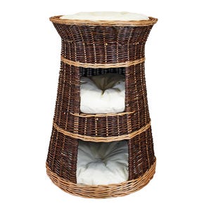 May include: A three-tiered wicker cat tower with a round base and a white cushion on each level. The tower is made of natural brown wicker and has a natural woven texture.