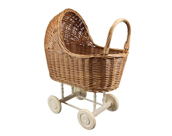 Wicker, wood doll's pram, Doll buggie, play trolley, rustic charm and natural look trolley, durable toy walker baby, ideal for carrying toys