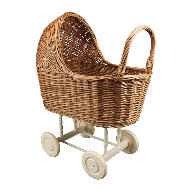 Wicker, wood doll's pram, Doll buggie, play trolley, rustic charm and natural look trolley, durable toy walker baby, ideal for carrying toys