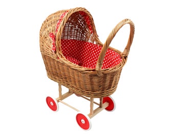 Landau pour poupée en bois d'osier - poussette pour poupée - idéal pour recevoir - charme rustique et chariot d'aspect naturel - trotteur résistant