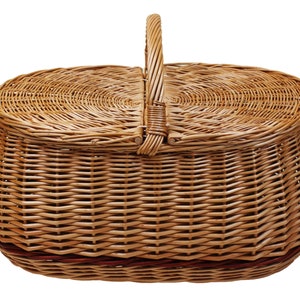 Picnic / camping wicker basket - shopping basket - for fruit - vegetables or mushrooms - with double lid / hand-woven 55 x 34 H 25 / 40 cm