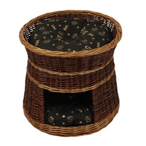 Rieten kattenmand – Binnenkattenhuis – Kattenhuis – Honden- of kattenmand met twee verdiepingen – Mand van gelakt rieten – Met twee donkerbruine kussens