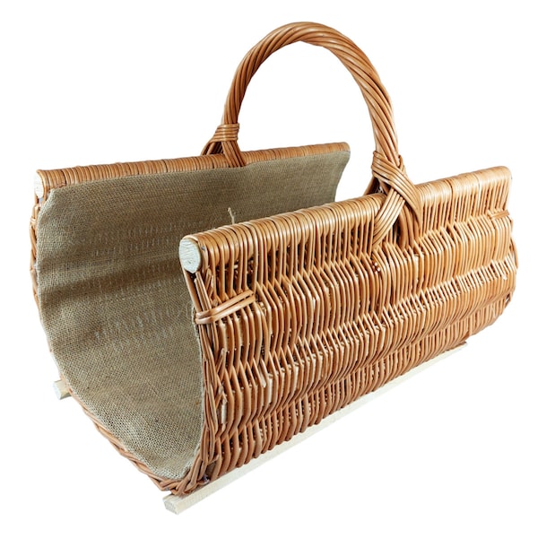 Natural wicker wood basket - wicker fireplace basket embroidered with jute - bark wicker