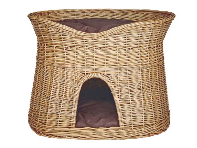 Cat sleeping basket Indoor cat house Wicker oval bed Cat cave made of willow Two-tier dog or cat bed Natural colour of the basket Brown pillows