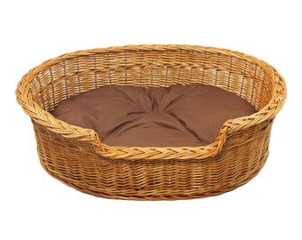 Lit pour animal de compagnie en osier fait main avec coussin marron