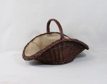 Handmade Dark Wicker Firewood Basket: Rustic Jute-Lined Log Holder