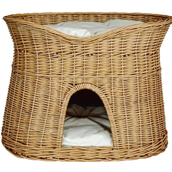 Handmade Wicker Cat Cave Bed: Two-Tier Willow Pet House with Ecru Cushions