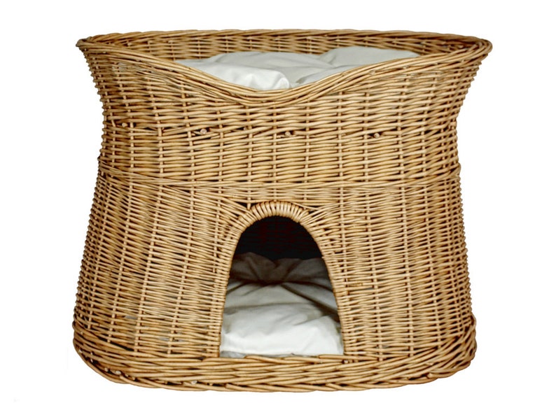 Cat sleeping basket Indoor cat house Wicker oval bed Cat cave made of willow Two-tier dog or cat bed Natural colour of the basket Ecru pillows