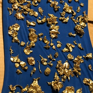 Può includere: Un panno blu ricoperto da una grande quantità di pepite d'oro. Le pepite sono di varie dimensioni e forme.