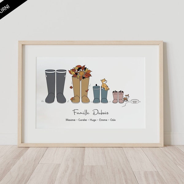 Affiche famille bottes - Affiche famille personnalisée - Illustration famille - Cadeau fête des mères