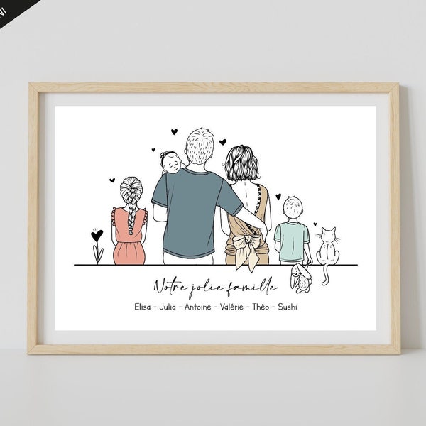 Affiche "Portrait de famille" - Affiche famille personnalisée - Illustration famille - Cadeau fêtes des mères