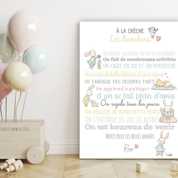 Affiche remerciement crèche / nounou thème lapin - Cadeau crèche / nounou