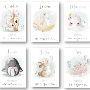 Plakat zur Geburt eines Mädchens - Tierthema - Geschenk zur Geburt, personalisiertes Geburtsplakat