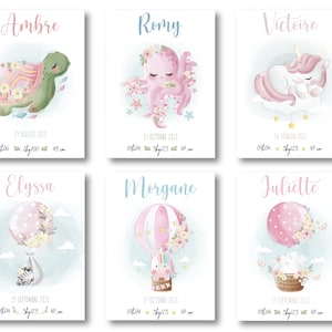 Plakat zur Geburt eines Mädchens - Tierthema - Geschenk zur Geburt, personalisiertes Geburtsplakat
