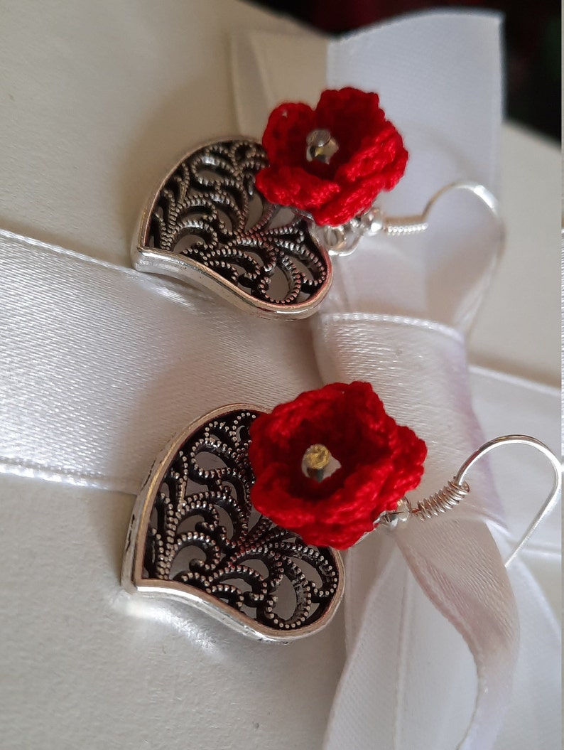 Silver plated earrings Crochet earrings Rose earrings Red earrings Silver drop earrings Love earrings Pearl earrings Gift For Her Unique