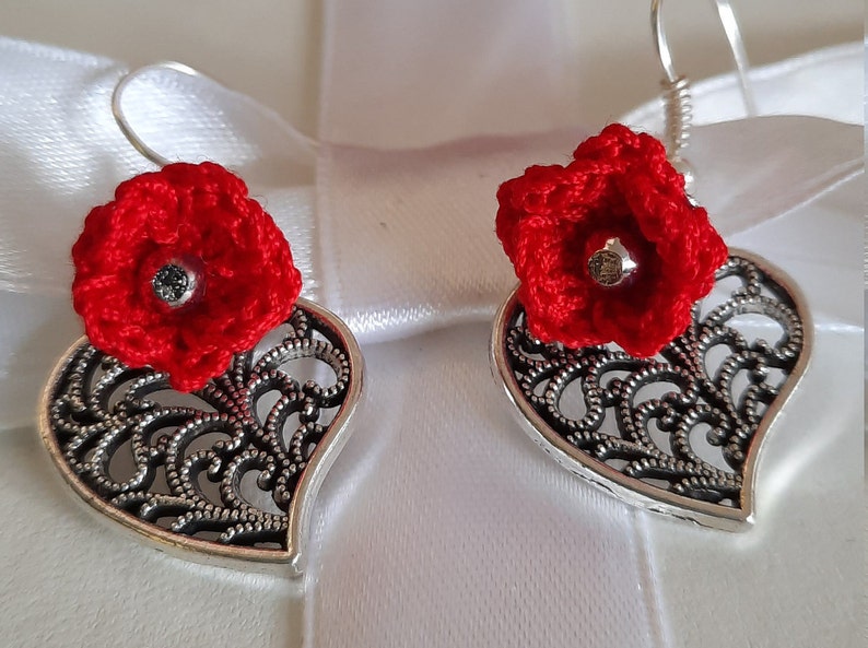 Silver plated earrings Crochet earrings Rose earrings Red earrings Silver drop earrings Love earrings Pearl earrings Gift For Her Unique