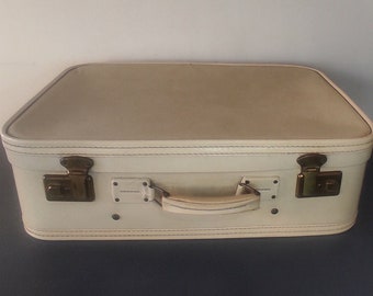 Valise vintage crème simili cuir,voyage, rangement vêtements