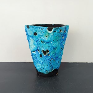 Ancienne Vase cyclope Français, Charles Cart, Vase bleu lagon, glaçure à bulles, décoration, Made in France