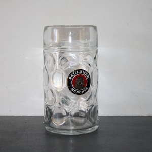 Beer mug, German 1 liter glass mug, Beer Festival, Paulaner München, Folk art, advertising mug, beer glass