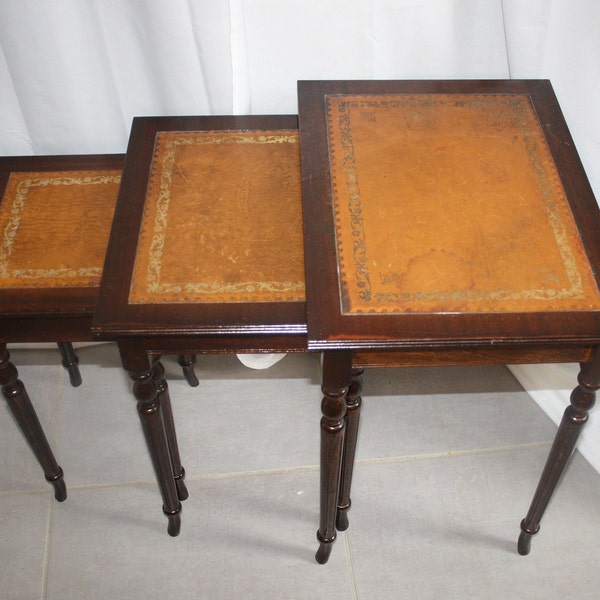 Antique wooden nesting tables, vintage wooden tables, French nesting tables, stacking tables