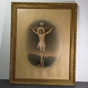Large Frame Jesus Christ, Sacred Heart, Relic, Antique, holy image, Old lithograph Jesus, Frame Year 1950, crucifix,
